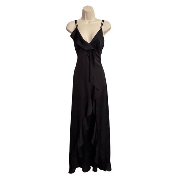 For Love & Lemons Black Ruffle Open Front Satin Slip Dress Size XS - Picture 3 of 14